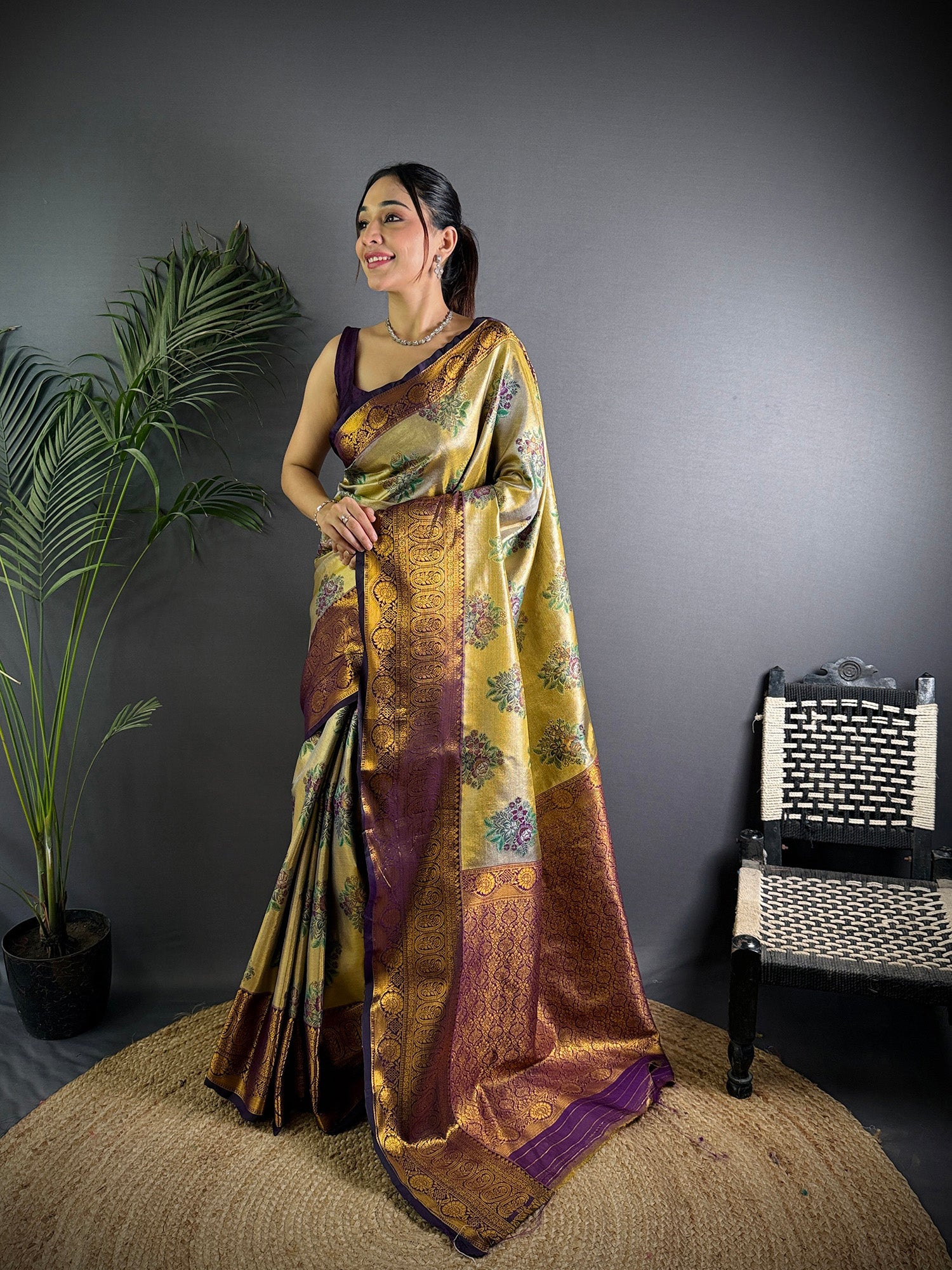 Elora Beige Silk Leheriya Meenakari Zari Weaves Dharmavaram Saree - Dista