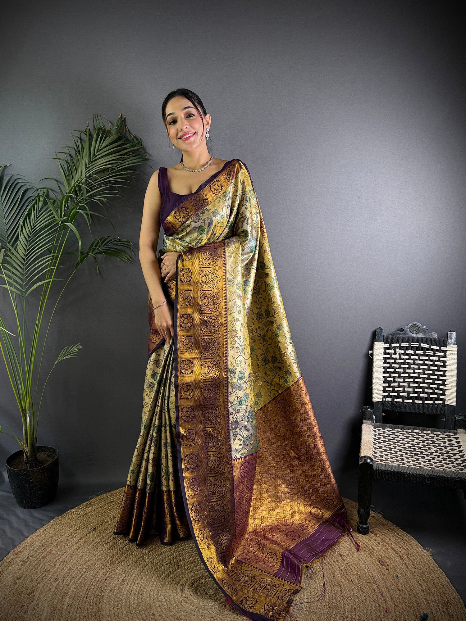 Elora Copper Silk Leheriya Meenakari Zari Weaves Dharmavaram Saree - Dista
