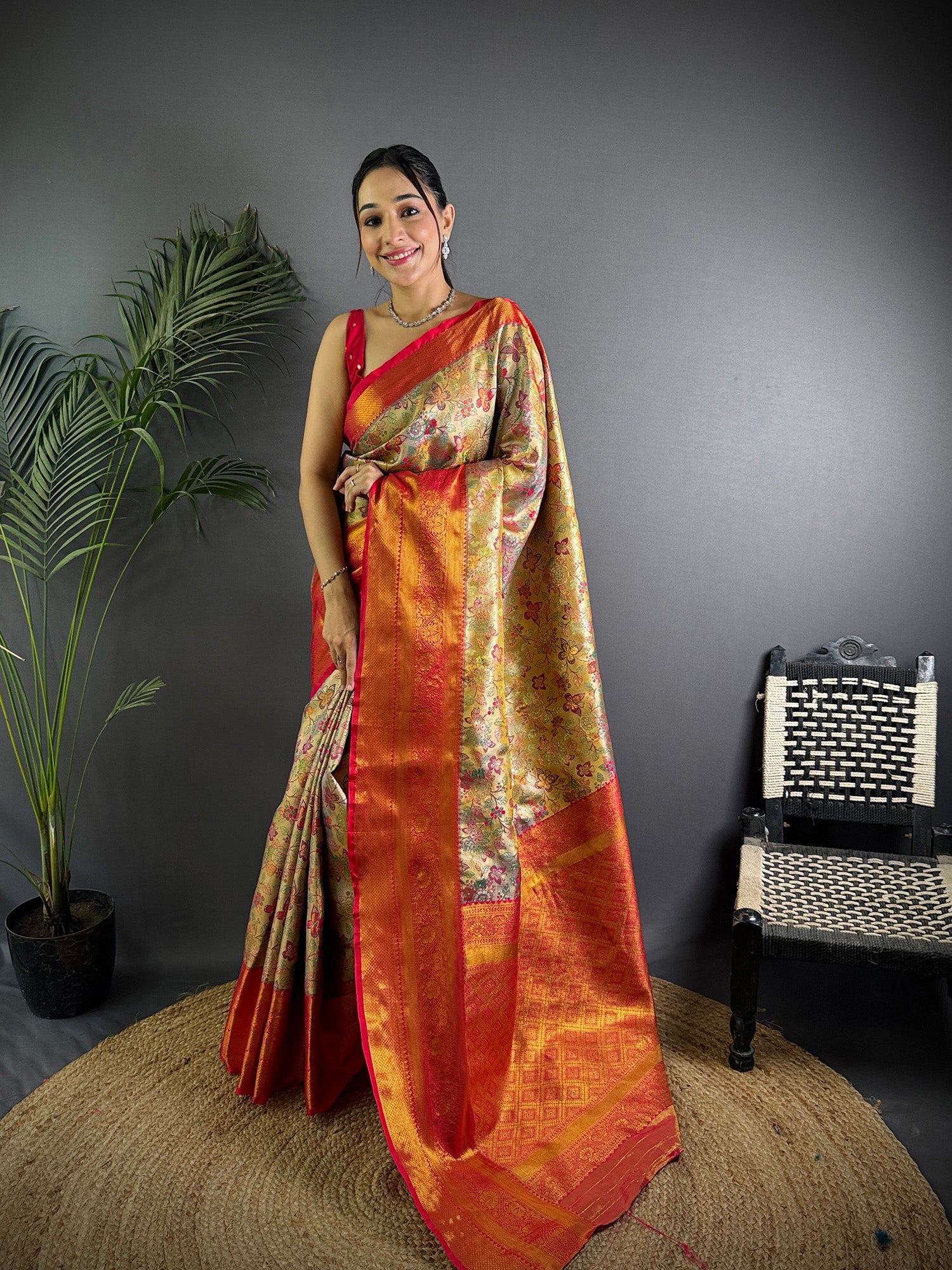 Elora Beige Silk Leheriya Meenakari Zari Weaves Dharmavaram Saree