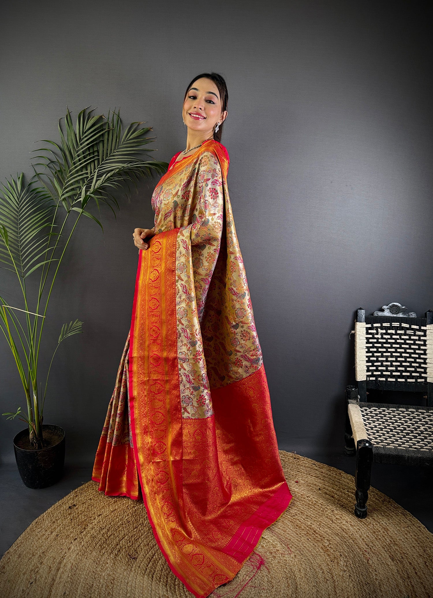 Elora Pink Silk Leheriya Meenakari Zari Weaves Dharmavaram Saree - Dista