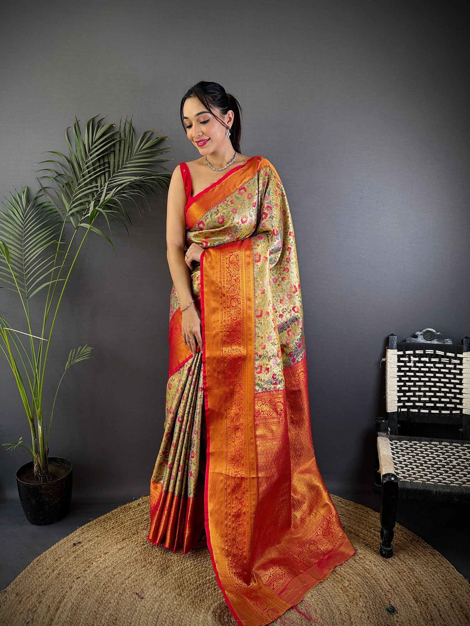 Elora Beige Silk Leheriya Meenakari Zari Weaves Dharmavaram Saree - Dista
