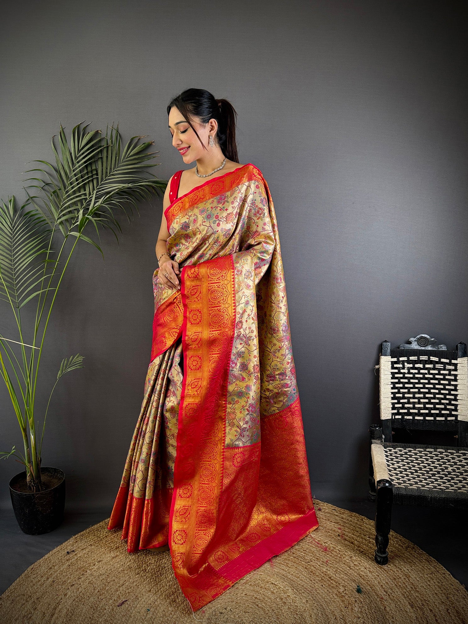 Elora Beige Silk Leheriya Meenakari Zari Weaves Dharmavaram Saree - Dista