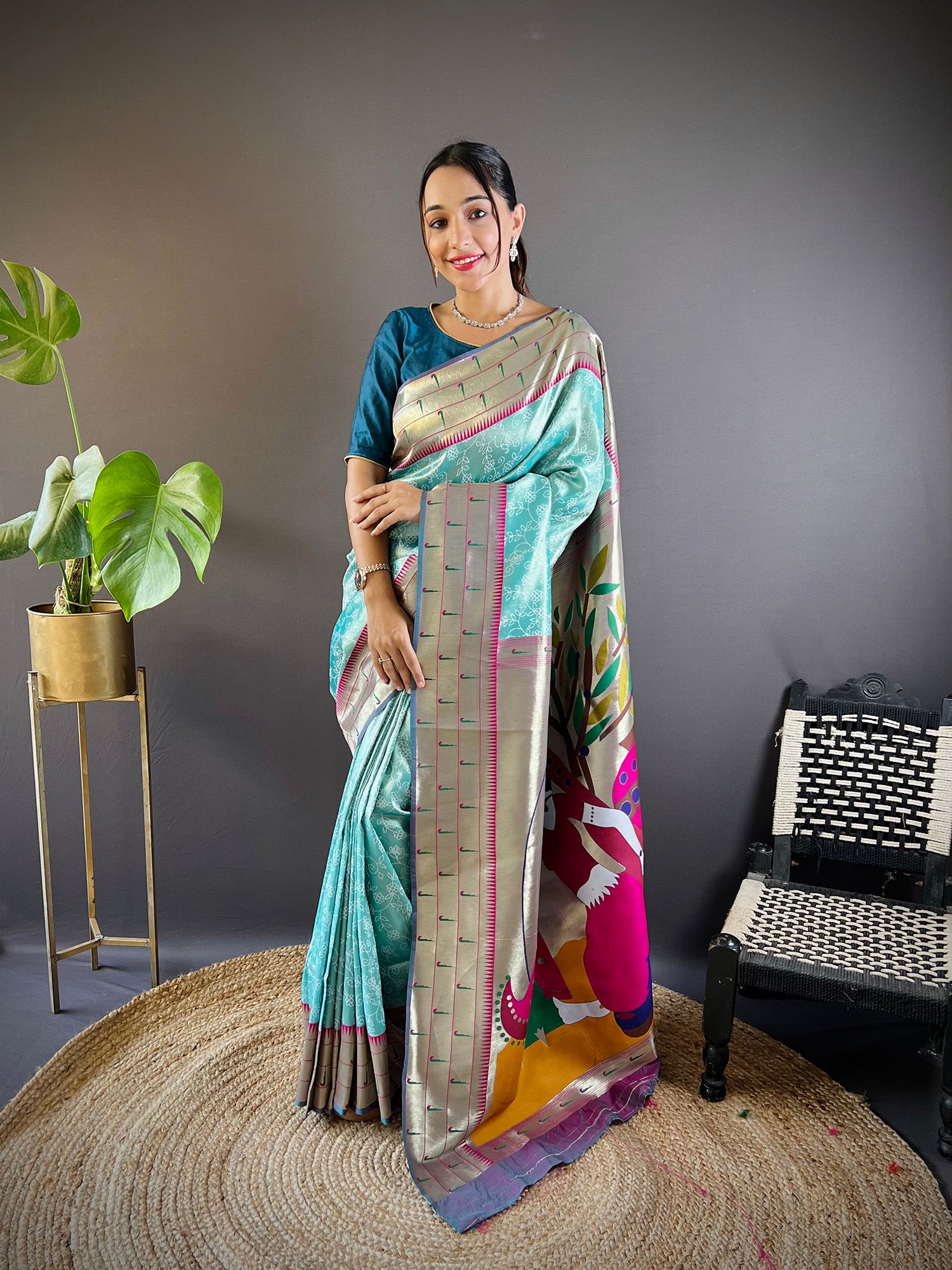 Elora Teal Blue Soft Silk Checked Zari Weaving Banarasi Saree - Dista