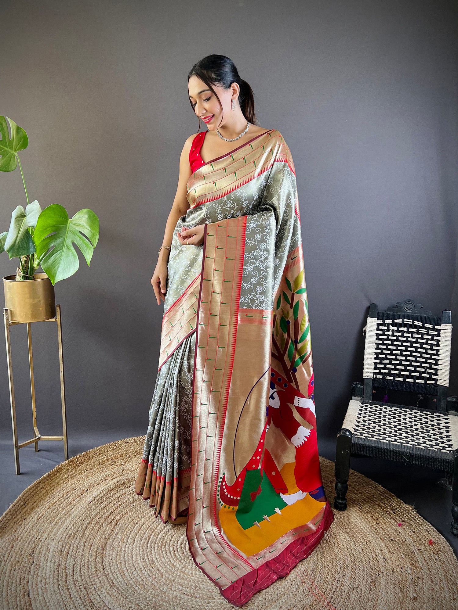 Elora Grey Soft Silk Checked Zari Weaving Banarasi Saree - Dista