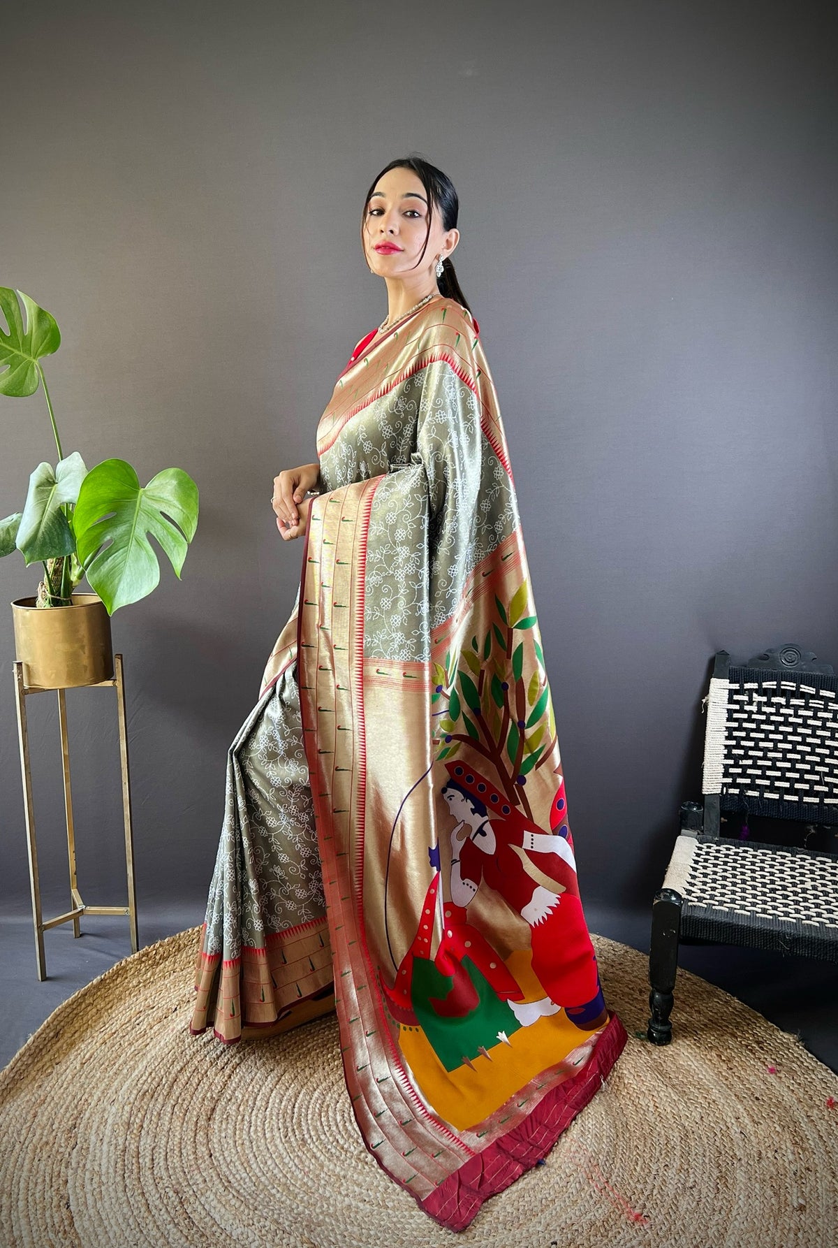 Elora Grey Soft Silk Checked Zari Weaving Banarasi Saree - Dista