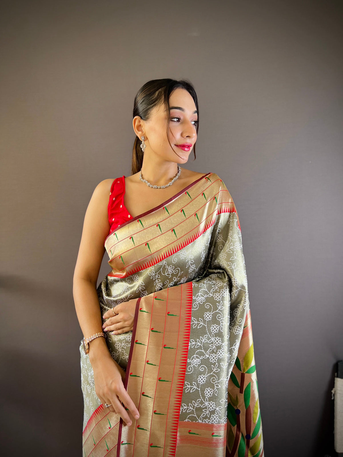Elora Grey Soft Silk Checked Zari Weaving Banarasi Saree - Dista