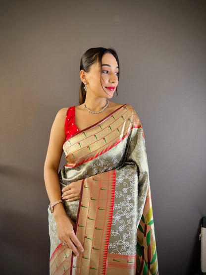 Elora Grey Soft Silk Checked Zari Weaving Banarasi Saree - Dista