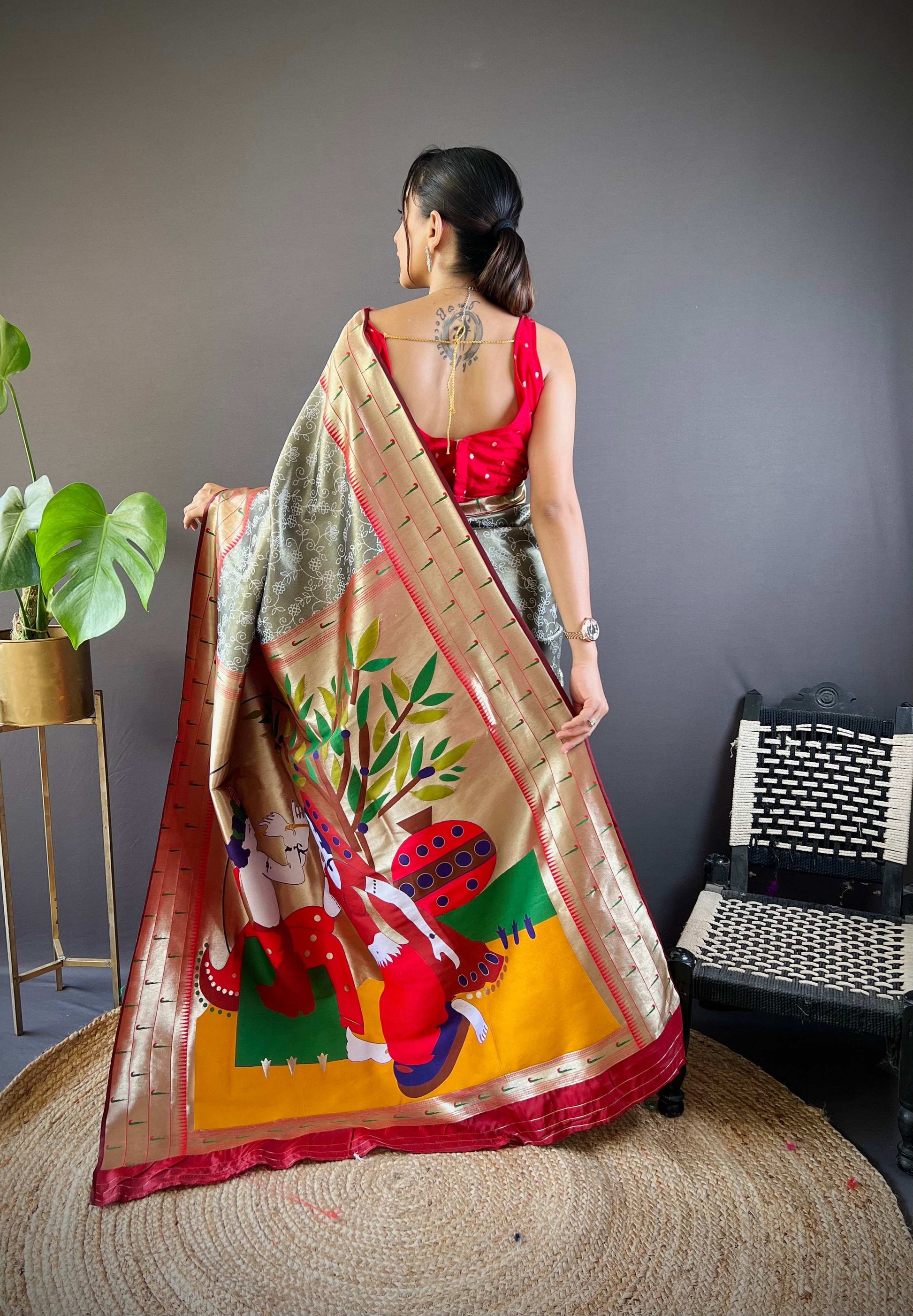Elora Grey Soft Silk Checked Zari Weaving Banarasi Saree - Dista