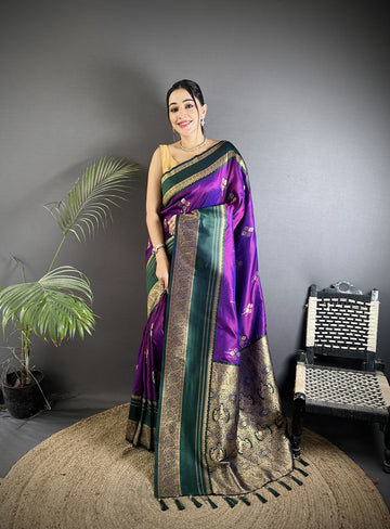Elora Purple Soft Silk Woven Dual Zari Work Banarasi Saree - Dista