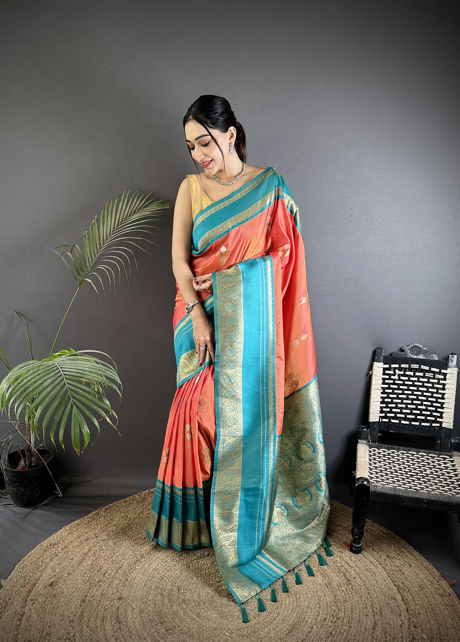 Elora Peach Soft Silk Woven Dual Zari Work Banarasi Saree - Dista