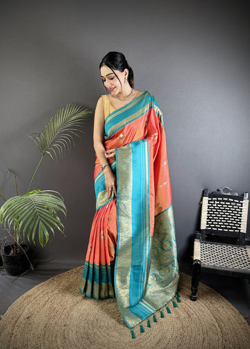 Elora Peach Soft Silk Woven Dual Zari Work Banarasi Saree - Dista