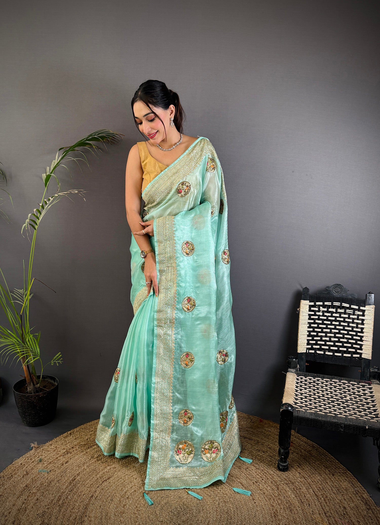 Elora Sky Blue Organza Silk Handloom Banarasi Saree With Heavy Khatali Butta Work - Dista