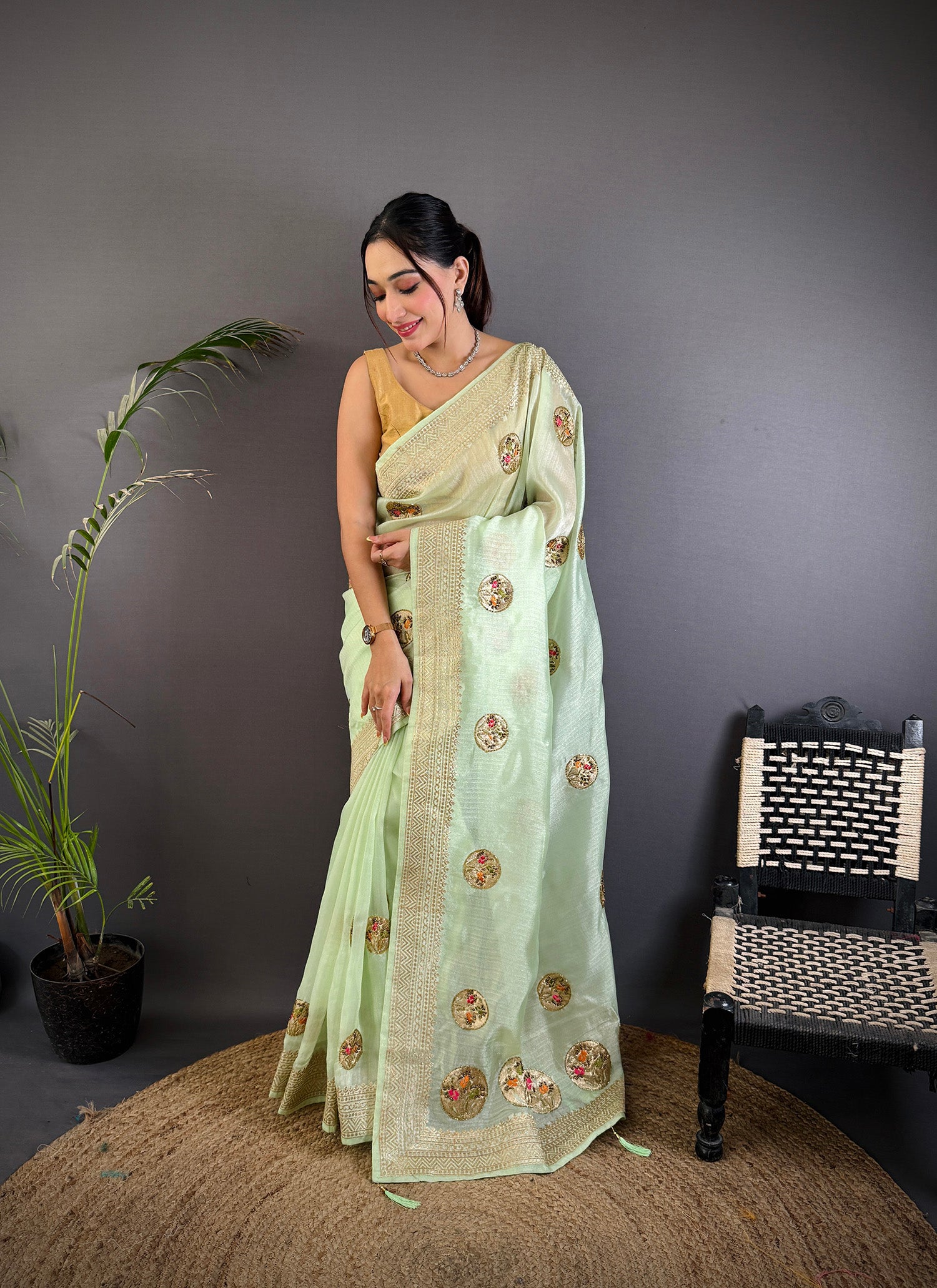 Elora Light Green Organza Silk Handloom Banarasi Saree With Heavy Khatali Butta Work - Dista