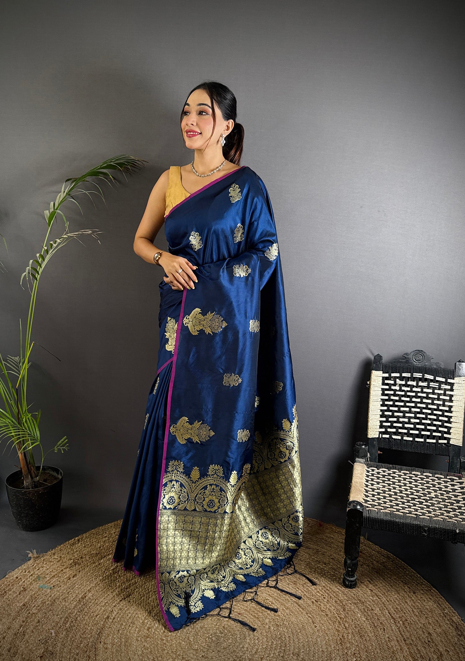 Elora Navy Blue Lichi Silk Golden Zari Meena Weaving Banarasi Saree - Dista