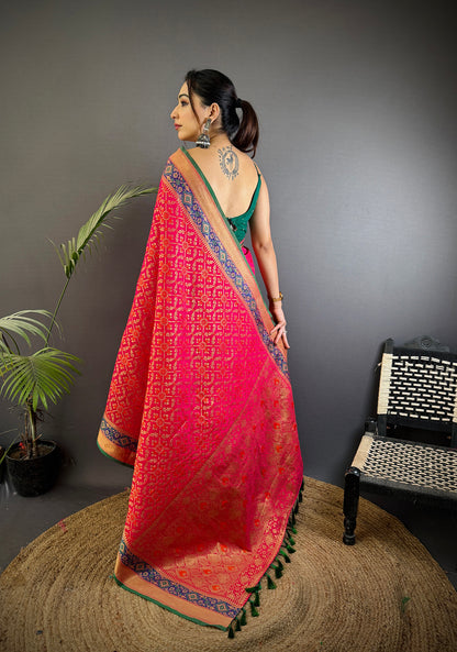 Elora Hot Pink Soft Silk Zari Weaving Patola Saree - Dista