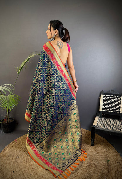 Elora Navy Blue Soft Silk Zari Weaving Patola Saree - Dista