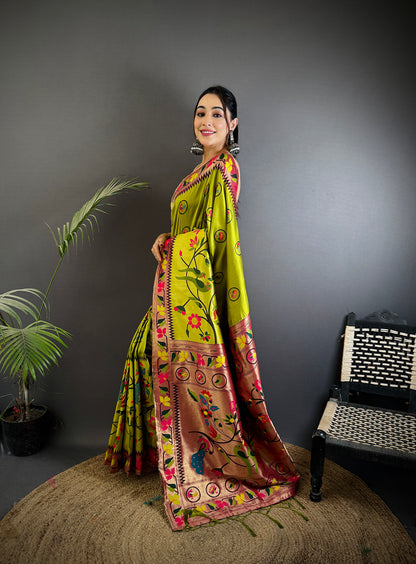 Elora Light Green Soft Silk Paithani Meenakari Zari Weaving Saree - Dista