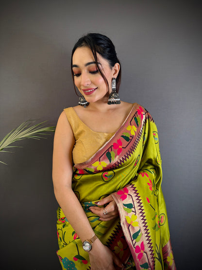 Elora Light Green Soft Silk Paithani Meenakari Zari Weaving Saree - Dista