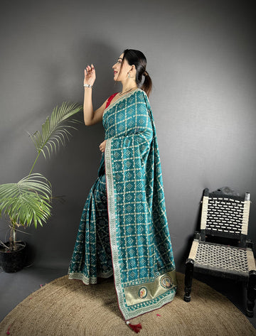 Elora Emerald Blue Vichitra Silk Bandhej Bandhani With Stone & Sequence Work Saree - Dista