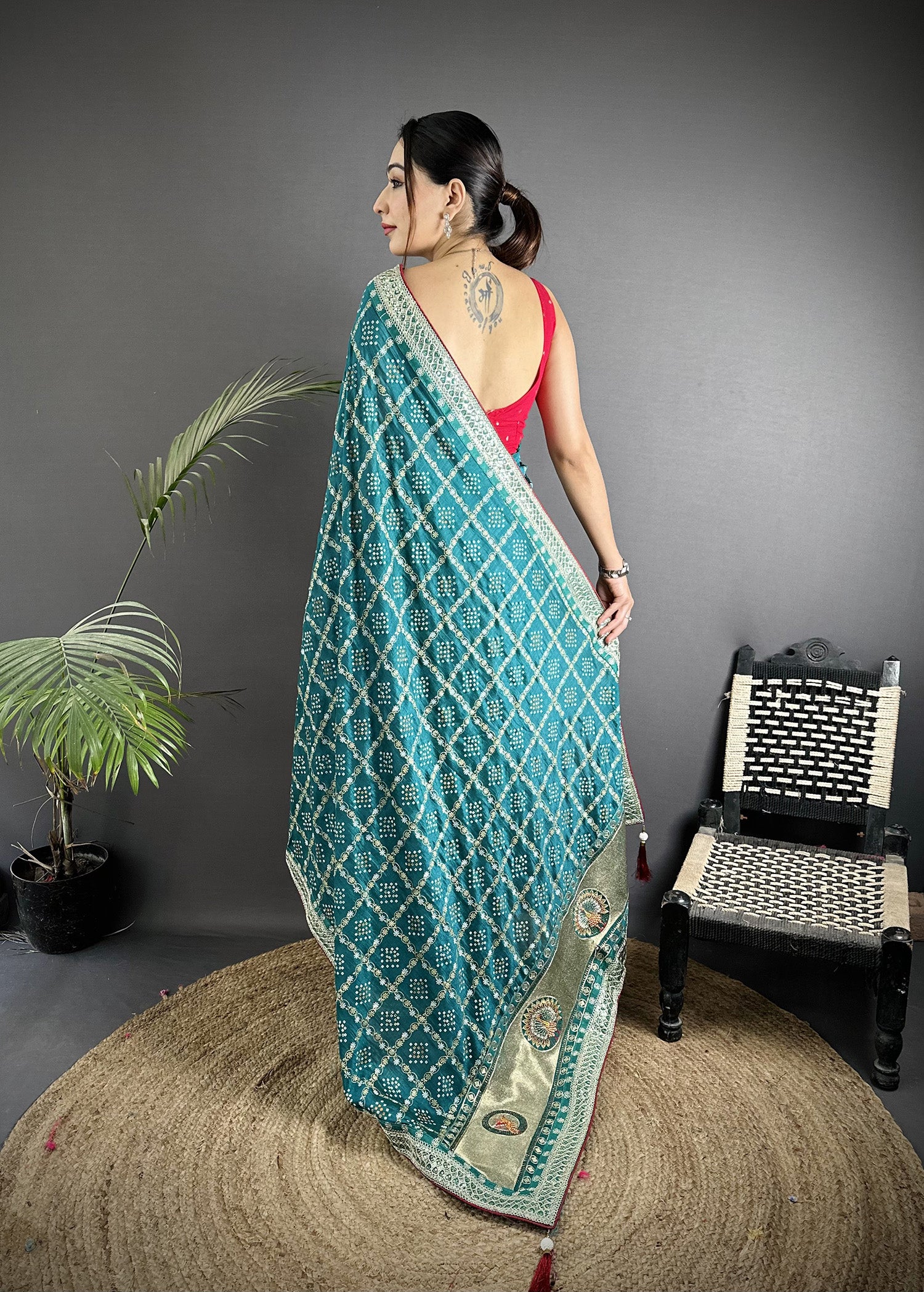 Elora Emerald Blue Vichitra Silk Bandhej Bandhani With Stone & Sequence Work Saree - Dista