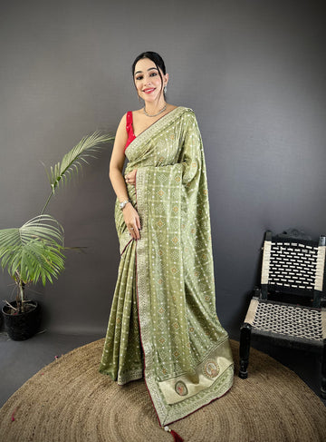 Elora Mehendi Green Vichitra Silk Bandhej Bandhani With Stone & Sequence Work Saree - Dista