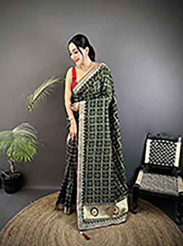 Elora Dark Green Vichitra Silk Bandhej Bandhani With Stone & Sequence Work Saree - Dista