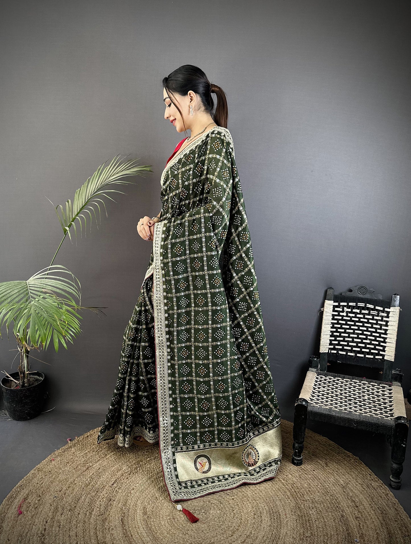 Elora Dark Green Vichitra Silk Bandhej Bandhani With Stone & Sequence Work Saree - Dista
