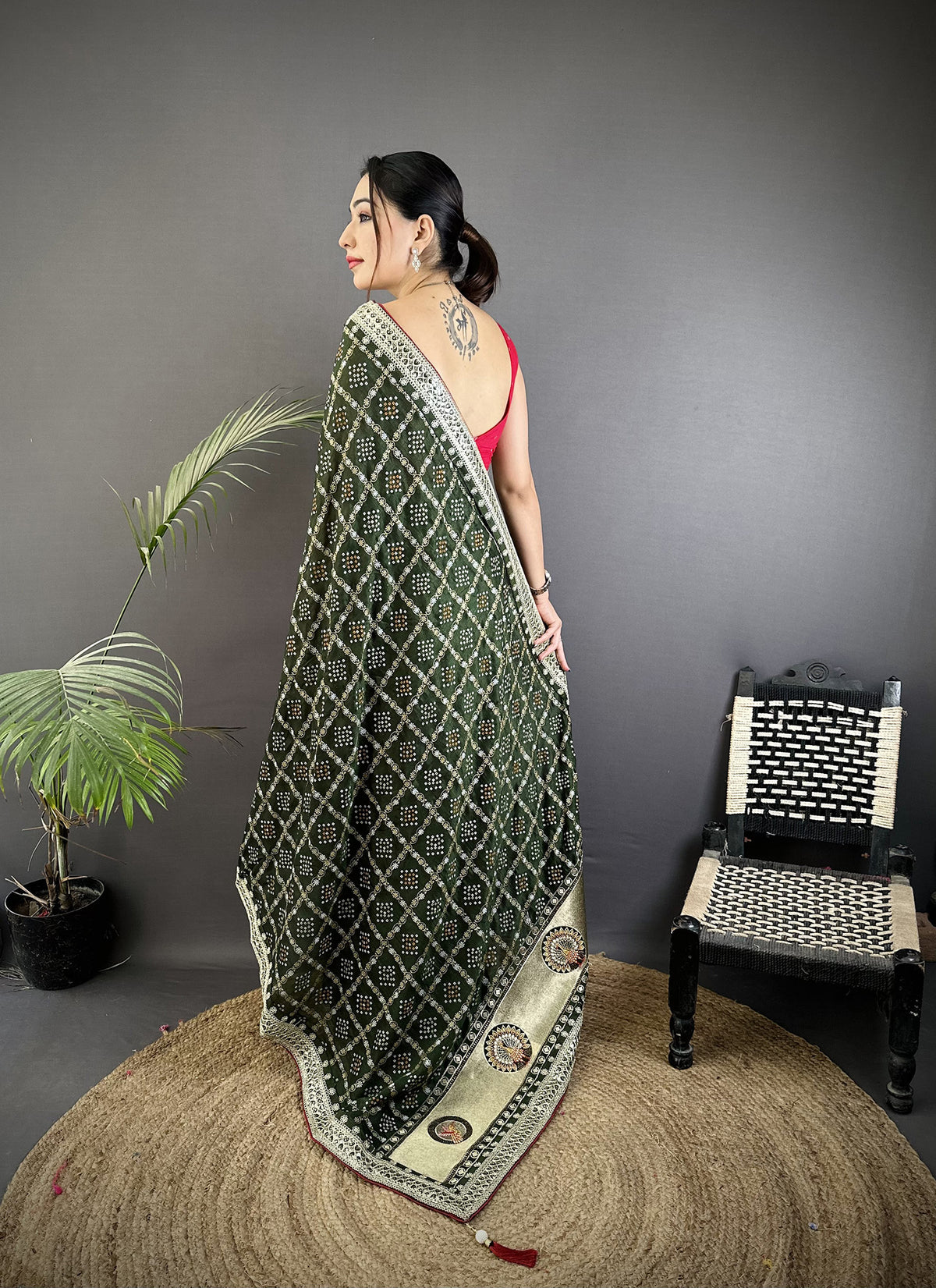 Elora Dark Green Vichitra Silk Bandhej Bandhani With Stone & Sequence Work Saree - Dista