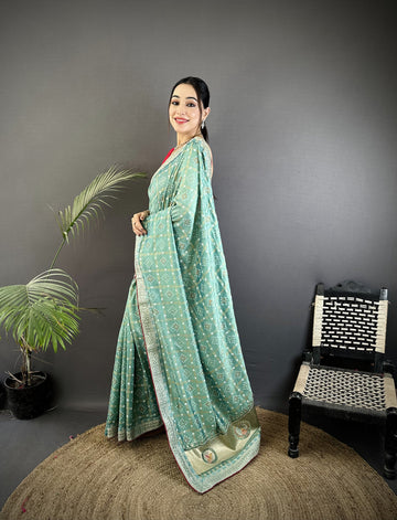 Elora Sea Green Vichitra Silk Bandhej Bandhani With Stone & Sequence Work Saree - Dista