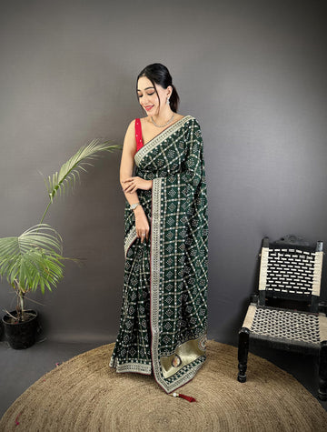 Elora Dark Green Vichitra Silk Bandhej Bandhani With Stone & Sequence Work Saree - Dista
