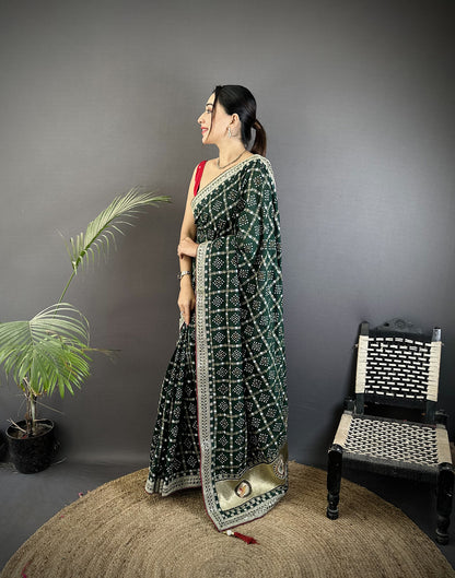 Elora Dark Green Vichitra Silk Bandhej Bandhani With Stone & Sequence Work Saree - Dista