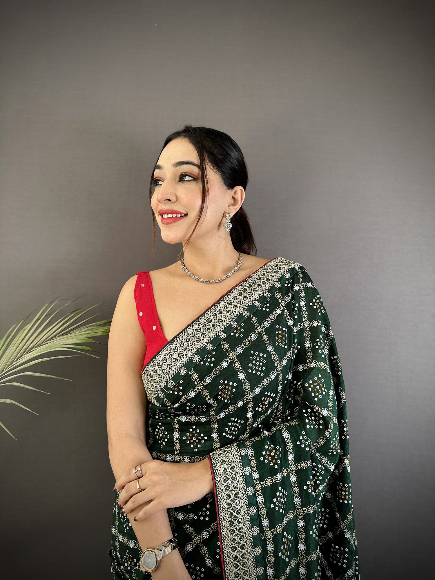 Elora Dark Green Vichitra Silk Bandhej Bandhani With Stone & Sequence Work Saree - Dista