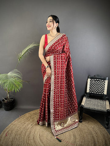 Elora Maroon Vichitra Silk Bandhej Bandhani With Stone & Sequence Work Saree - Dista