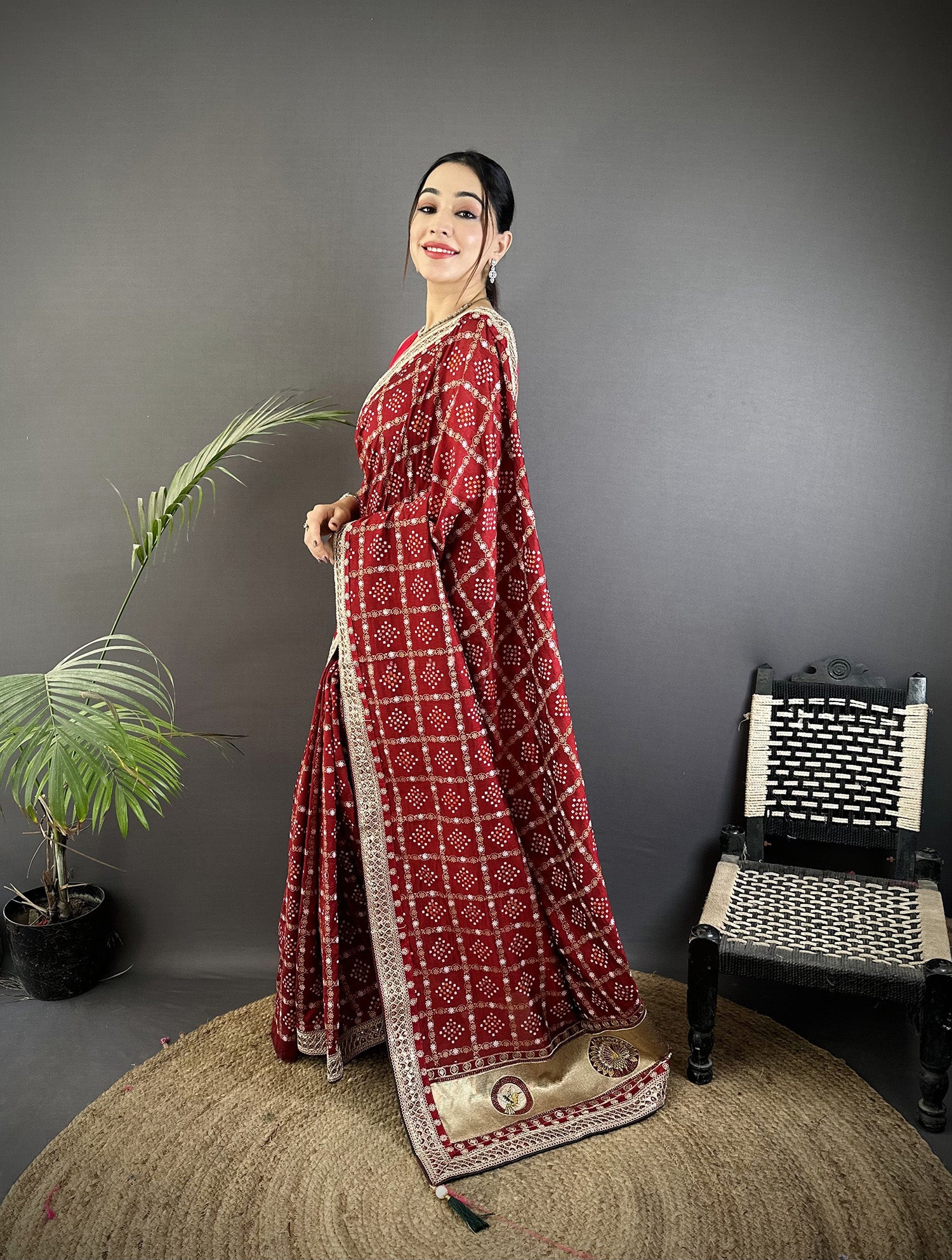 Elora Maroon Vichitra Silk Bandhej Bandhani With Stone & Sequence Work Saree - Dista
