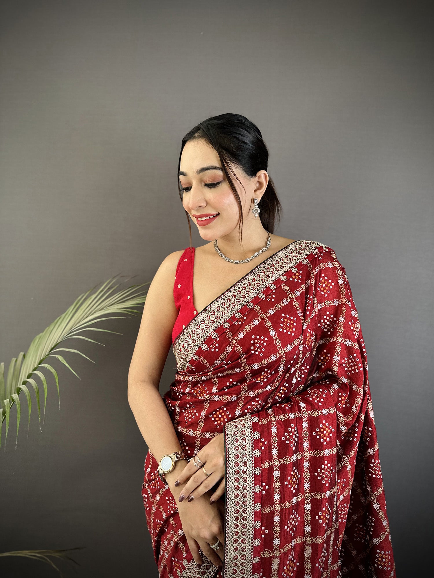Elora Maroon Vichitra Silk Bandhej Bandhani With Stone & Sequence Work Saree - Dista