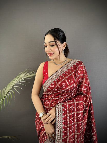 Elora Maroon Vichitra Silk Bandhej Bandhani With Stone & Sequence Work Saree - Dista