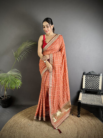 Elora Peach Vichitra Silk Bandhej Bandhani With Stone & Sequence Work Saree - Dista