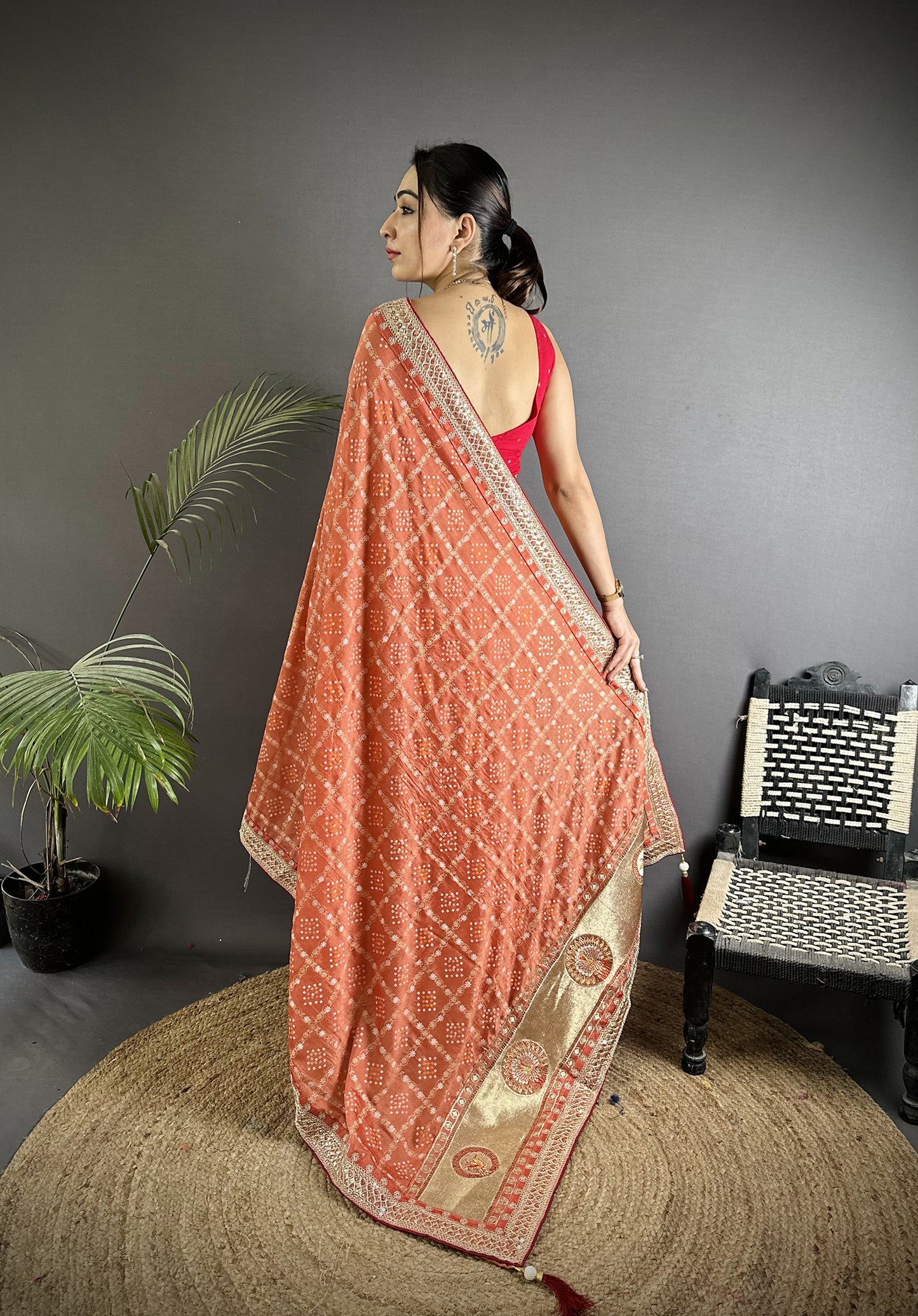 Elora Peach Vichitra Silk Bandhej Bandhani With Stone & Sequence Work Saree - Dista