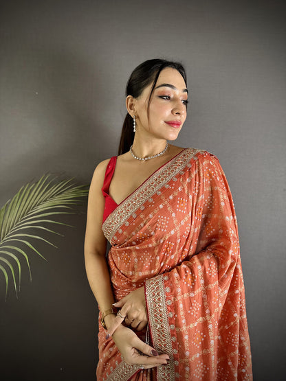 Elora Peach Vichitra Silk Bandhej Bandhani With Stone & Sequence Work Saree - Dista