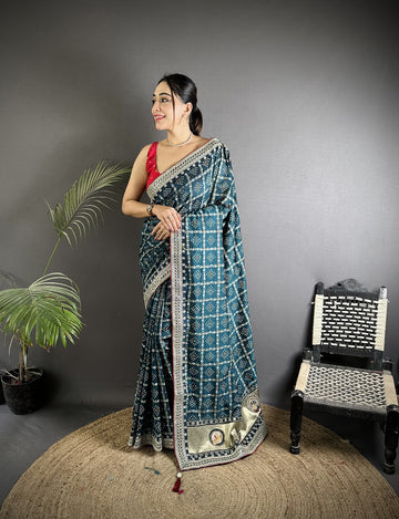 Elora Navy Blue Vichitra Silk Bandhej Bandhani With Stone & Sequence Work Saree - Dista