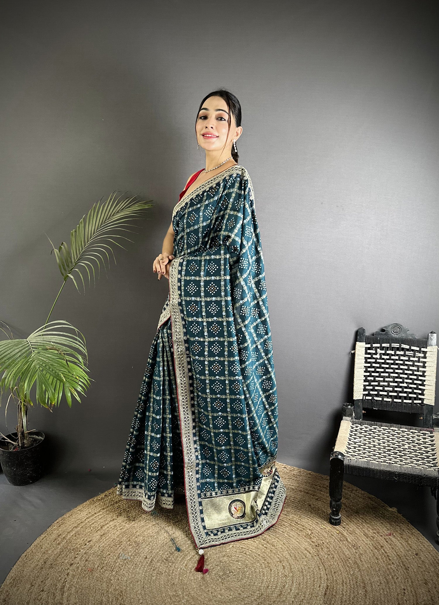 Elora Navy Blue Vichitra Silk Bandhej Bandhani With Stone & Sequence Work Saree - Dista