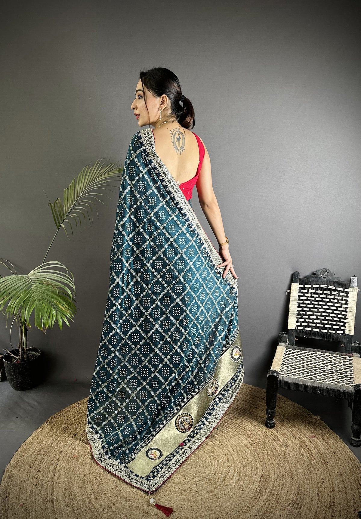 Elora Navy Blue Vichitra Silk Bandhej Bandhani With Stone & Sequence Work Saree - Dista