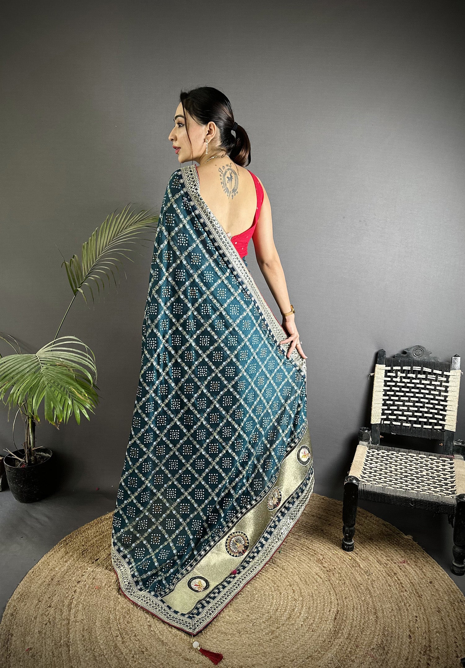 Elora Navy Blue Vichitra Silk Bandhej Bandhani With Stone & Sequence Work Saree - Dista