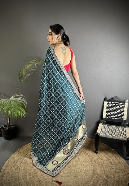 Elora Navy Blue Vichitra Silk Bandhej Bandhani With Stone & Sequence Work Saree - Dista