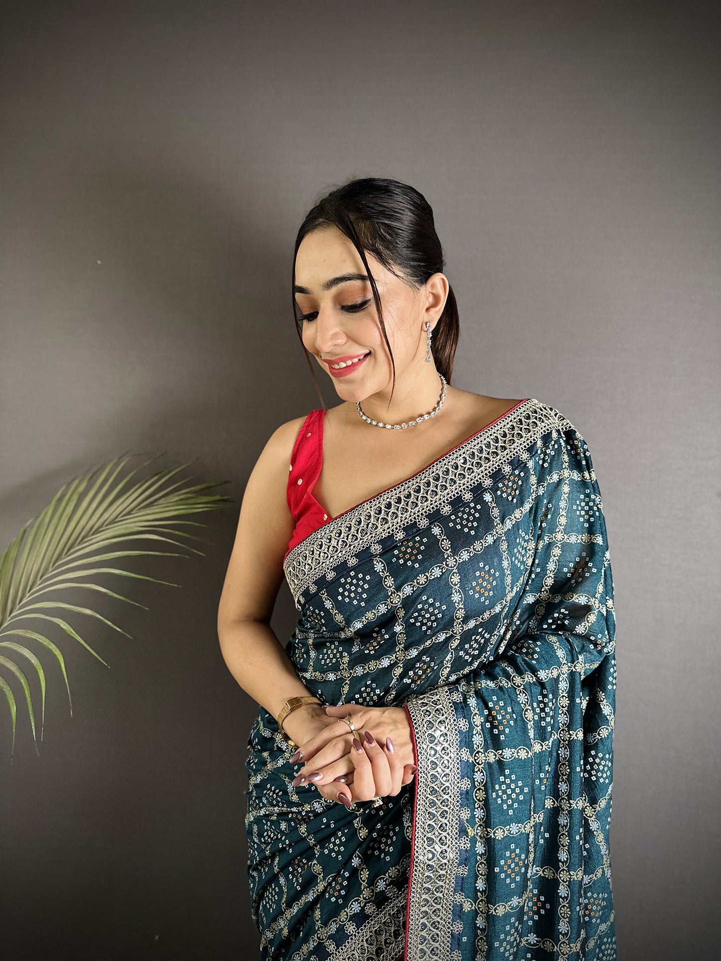 Elora Navy Blue Vichitra Silk Bandhej Bandhani With Stone & Sequence Work Saree - Dista