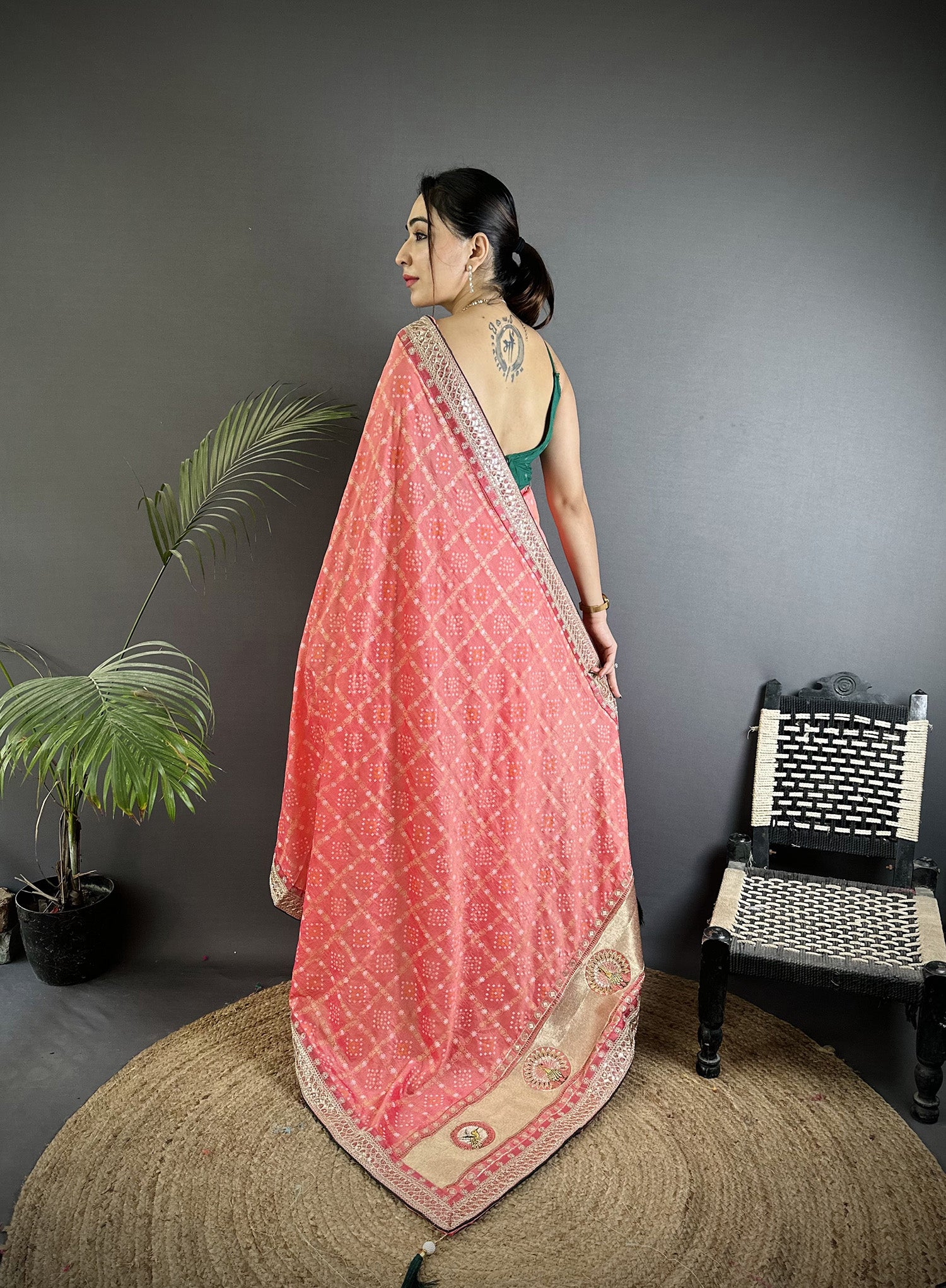 Elora Baby Pink Vichitra Silk Bandhej Bandhani With Stone & Sequence Work Saree - Dista