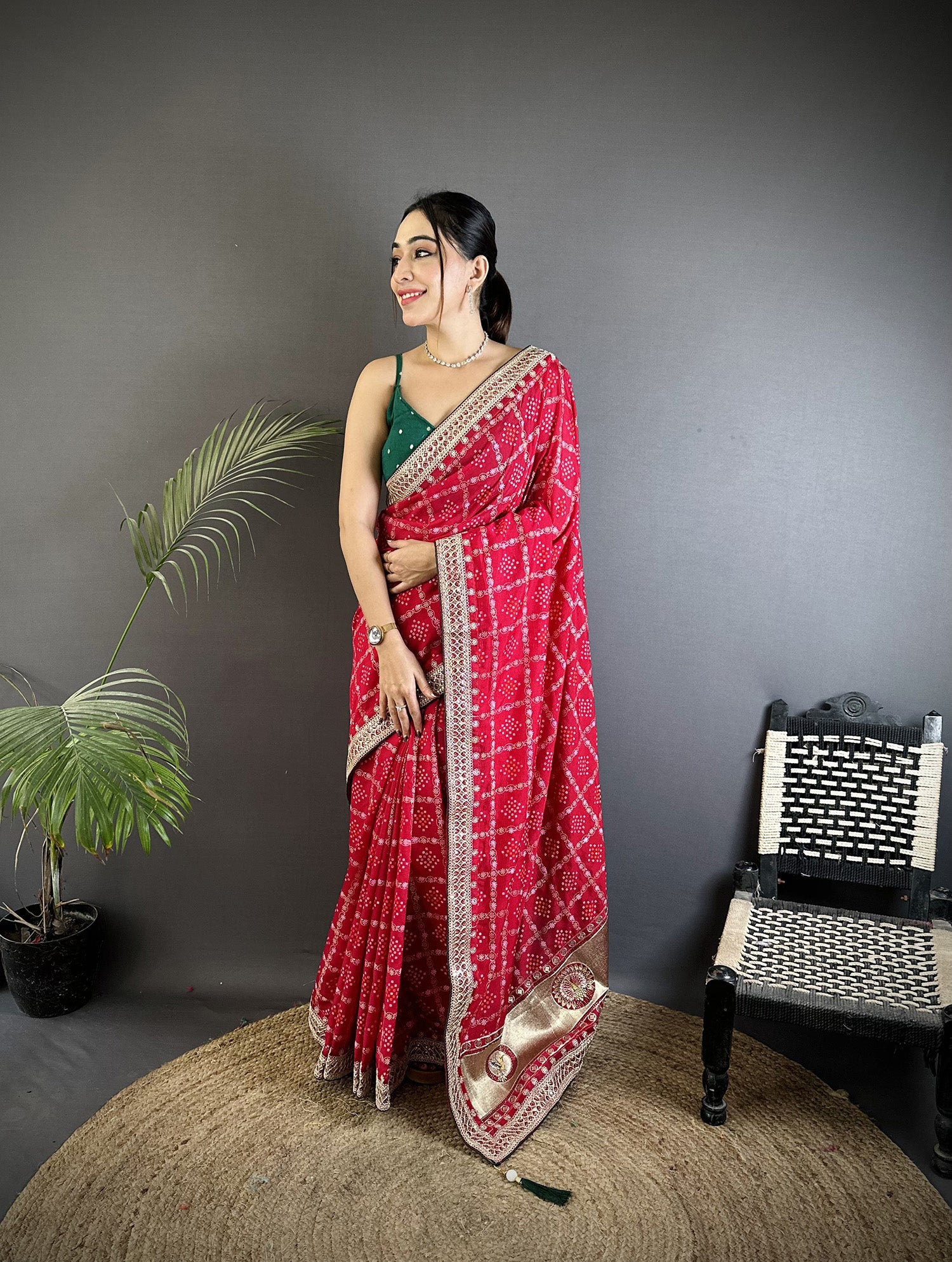 Elora Hot Pink Vichitra Silk Bandhej Bandhani With Stone & Sequence Work Saree - Dista