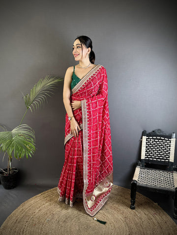 Elora Hot Pink Vichitra Silk Bandhej Bandhani With Stone & Sequence Work Saree - Dista