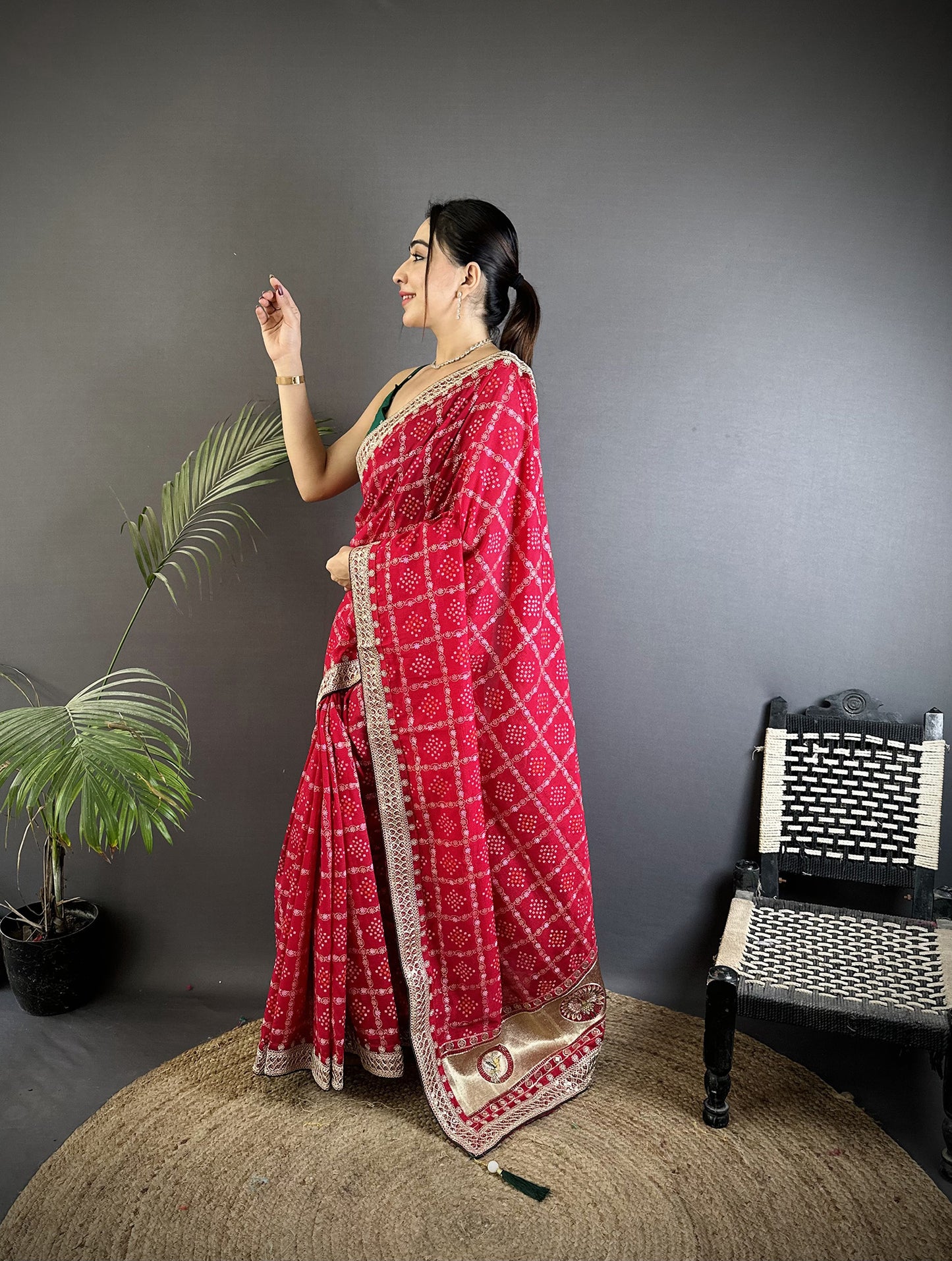 Elora Hot Pink Vichitra Silk Bandhej Bandhani With Stone & Sequence Work Saree - Dista