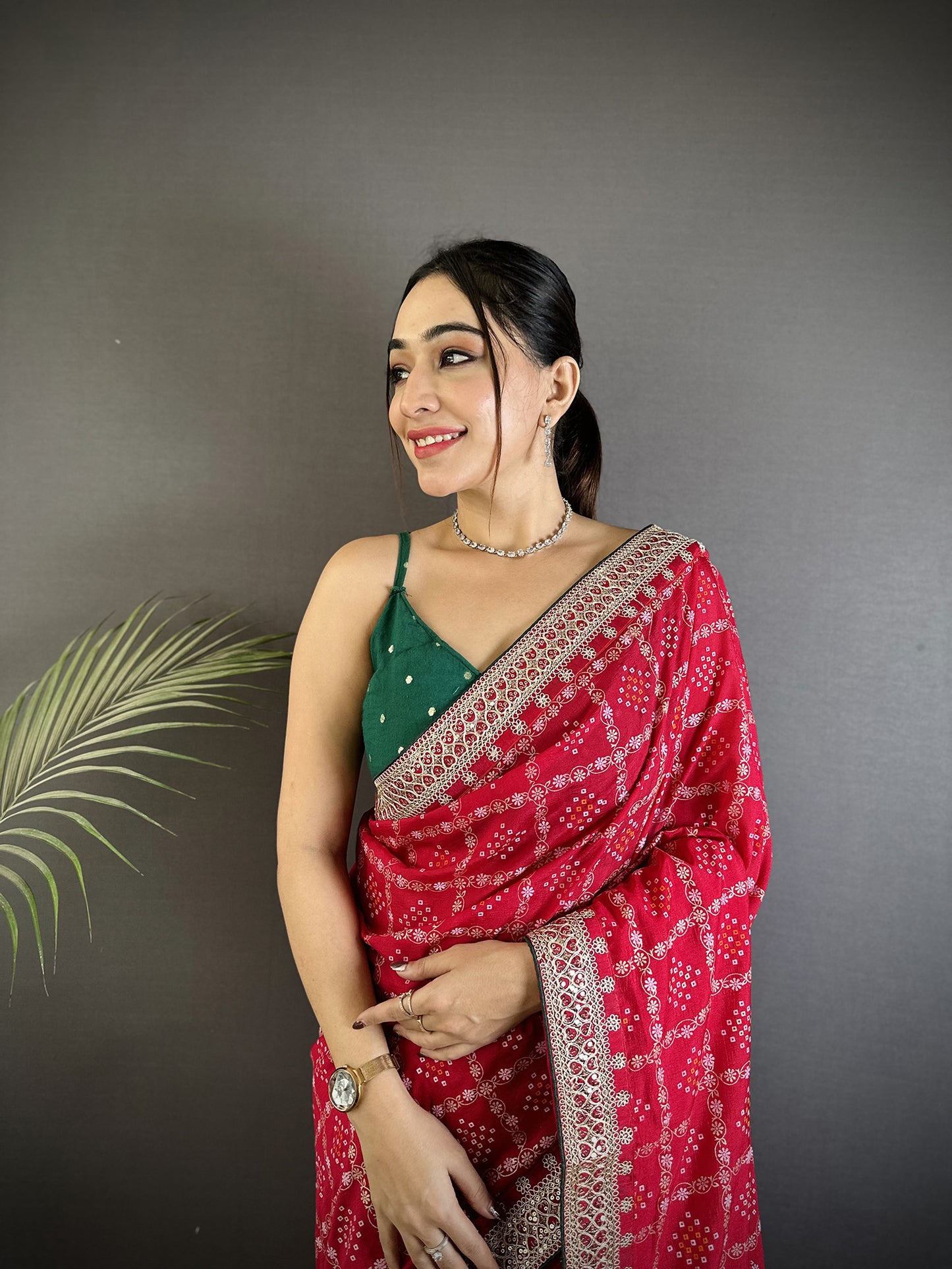 Elora Hot Pink Vichitra Silk Bandhej Bandhani With Stone & Sequence Work Saree - Dista
